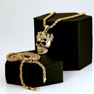 Men's 14k Gold Skull 24" Necklace + Pendant